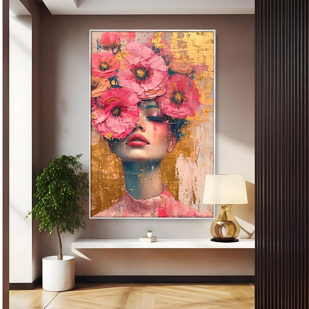 Tablou canvas cu tablou canvas cu portret de femeie si flori roz, in rama de aluminiu argintiu